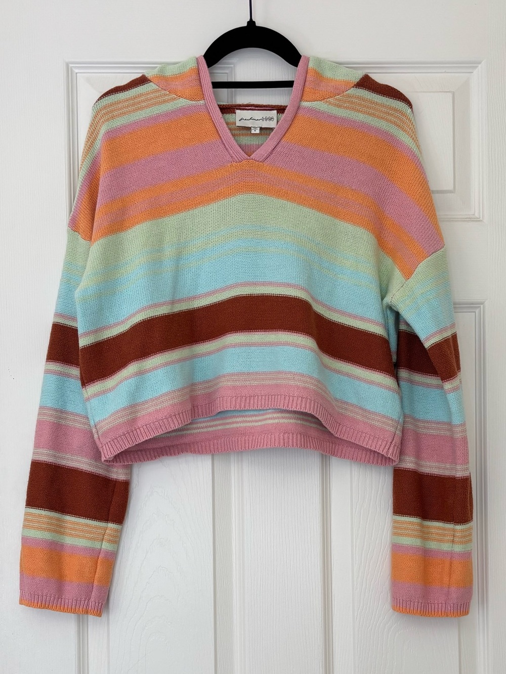 Freshman 1996 Cotton Blend Multicolor Striped V Neck Hooded Cropped Sweater